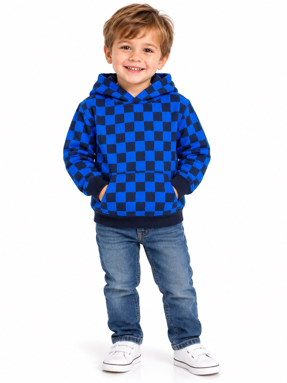 Crewcuts Boys Blue Navy Checkered Hoodie Size XXS 2/3 100% Cotton NWT